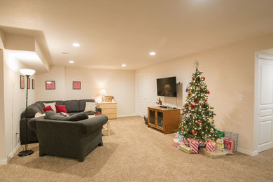 Example of a mid-sized classic underground carpeted basement design in Denver with beige walls and no fireplace
