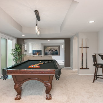 Basement great room with pool table and home theater