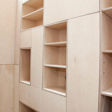 Basement integrated wall shelves