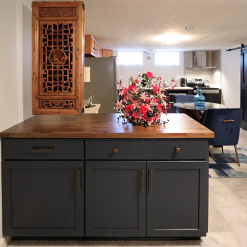Basement Kitchen with Medallion Blue Cabinets with matching Barn Door