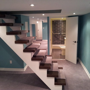 Small trendy look-out carpeted basement photo in Toronto with blue walls and no fireplace