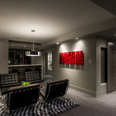 Example of a trendy underground carpeted and gray floor basement design in Ottawa with gray walls and a metal fireplace
