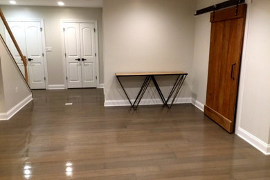 Inspiration for a mid-sized transitional underground dark wood floor and brown floor basement remodel in Other with beige walls and no fireplace