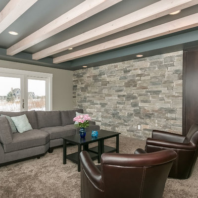 Example of a huge trendy look-out medium tone wood floor and brown floor basement design in Minneapolis with gray walls and no fireplace