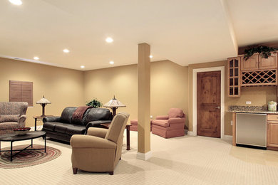 Large trendy carpeted basement photo in New York with beige walls