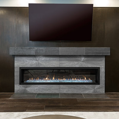 Inspiration for a mid-sized contemporary look-out dark wood floor and brown floor basement remodel in DC Metro with gray walls, a ribbon fireplace and a concrete fireplace