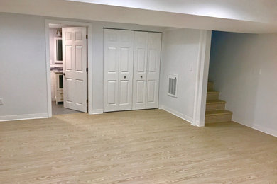 Basement - large modern laminate floor and beige floor basement idea in Boston