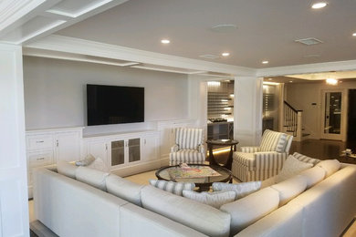 Example of a mid-sized minimalist walk-out basement design in Boston with white walls