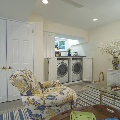 Basement - traditional look-out ceramic tile basement idea in DC Metro with white walls and no fireplace