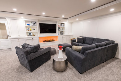 This is an example of a medium sized modern look-out basement in Other with white walls, carpet and grey floors.