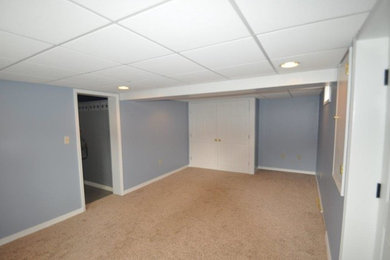 Mittelgroßes Untergeschoss mit blauer Wandfarbe und Teppichboden in Sonstige