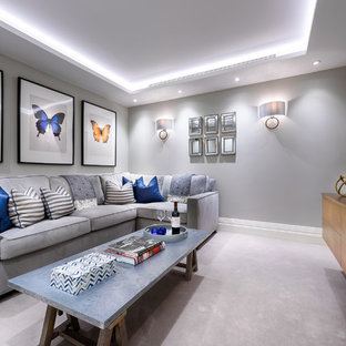 Photo of a traditional fully buried basement in London with grey walls, carpet and grey floors.