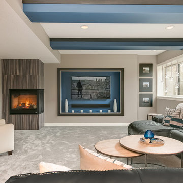 Contemporary Basement Home Theater & Fireplace
