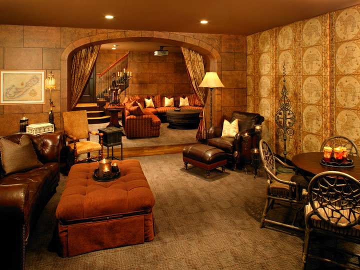 A large, elegant basement with a beige floor and yellow walls lacks a fireplace.