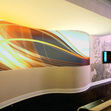 Curved Wall Feature Uses Stretch Ceiling to Become a Backlit Mural
