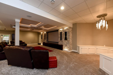 Basement - huge contemporary walk-out carpeted and beige floor basement idea in Chicago with beige walls