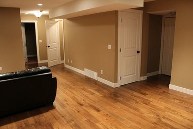 This is an example of a traditional basement in Vancouver with dark hardwood flooring.