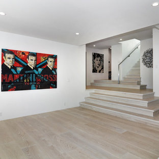 Large minimalist walk-out light wood floor basement photo in Orange County with white walls