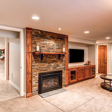 Denver Basement Family Room with Stone Fireplace