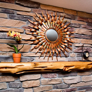Driftwood  mantel for riverfront basement  fireplace
