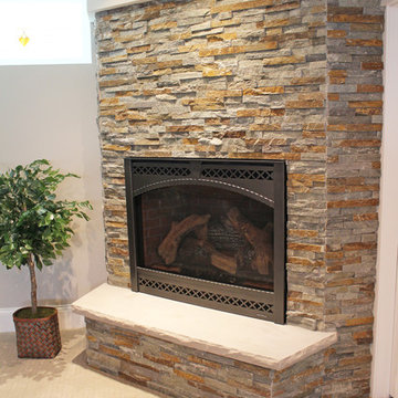 Dry stack stone fireplace