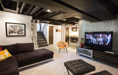 Below My Houzz: An Inviting Basement With Industrial Edge