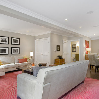 Example of a classic underground basement design in San Francisco with gray walls and no fireplace