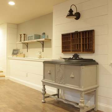 Farmhouse basement with ship lap and painted furniture