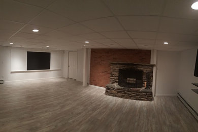Example of a large minimalist walk-out light wood floor basement design in Boston with white walls, a standard fireplace and a stone fireplace