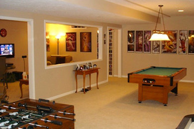 Basement - mid-sized underground carpeted basement idea in Cleveland with beige walls and no fireplace