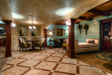 Example of a huge transitional underground ceramic tile basement design in Chicago with blue walls and no fireplace