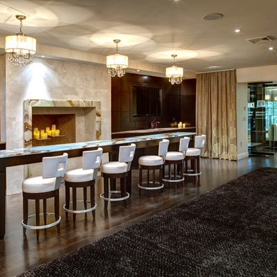 Example of a trendy dark wood floor and brown floor basement design in New York with brown walls
