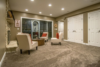 Trendy underground carpeted basement photo in Chicago with beige walls, a standard fireplace and a stone fireplace