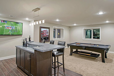 Example of a mid-sized trendy look-out carpeted and beige floor basement design in Other with black walls and no fireplace