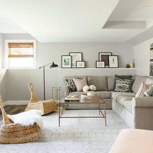 Inspiration pour un sous-sol traditionnel de taille moyenne et semi-enterré avec un mur gris, un sol en vinyl, aucune cheminée et un sol marron.
