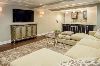 Large trendy underground vinyl floor basement photo in Chicago with beige walls and no fireplace