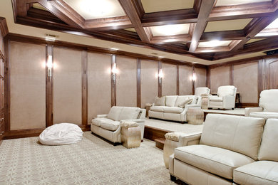 Huge transitional light wood floor home theater photo in Atlanta with multicolored walls