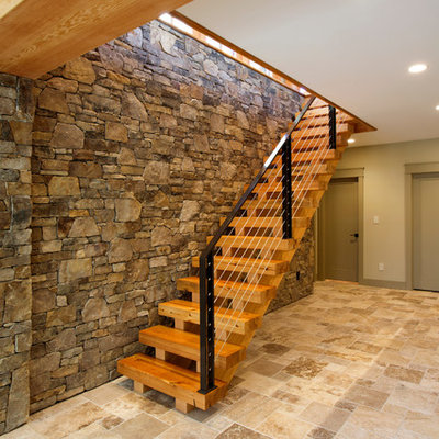 Inspiration for a rustic walk-out ceramic tile basement remodel in DC Metro with green walls
