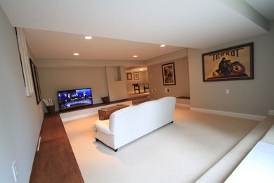Inspiration for a large timeless walk-out carpeted basement remodel in Minneapolis with gray walls