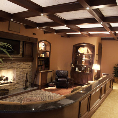 Trendy basement photo in St Louis with a standard fireplace and a stone fireplace