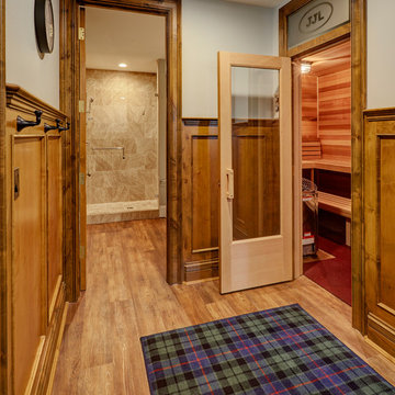 Lower Level Sauna and Shower with Knotty Alder Wainscoting