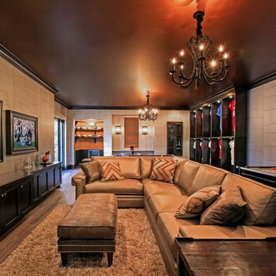 Inspiration for a timeless walk-out dark wood floor and brown floor basement remodel in Tampa with gray walls and no fireplace