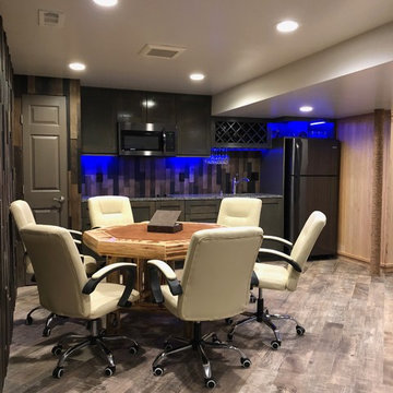 man cave, timber wall, wet bar, poker table