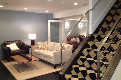 Example of a mid-sized trendy underground dark wood floor and black floor basement design in Baltimore with blue walls and no fireplace