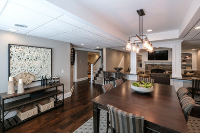 Large transitional look-out dark wood floor and brown floor basement photo in Detroit with gray walls, a standard fireplace and a stone fireplace