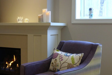 Basement - small traditional look-out carpeted basement idea in Vancouver with gray walls and a standard fireplace