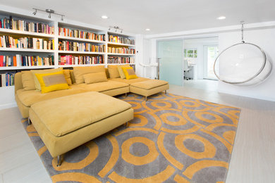 Inspiration for a large contemporary walk-out basement in DC Metro with white walls and a ribbon fireplace.