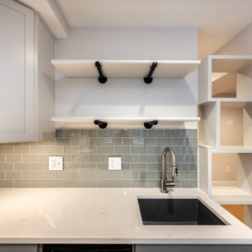 Modern Kitchen with custom floating and geometric shelves