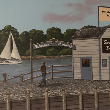 New England Harbor Town Mural, hand painted throughout a lower level