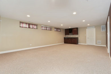 Basement - traditional look-out carpeted basement idea in Chicago with beige walls